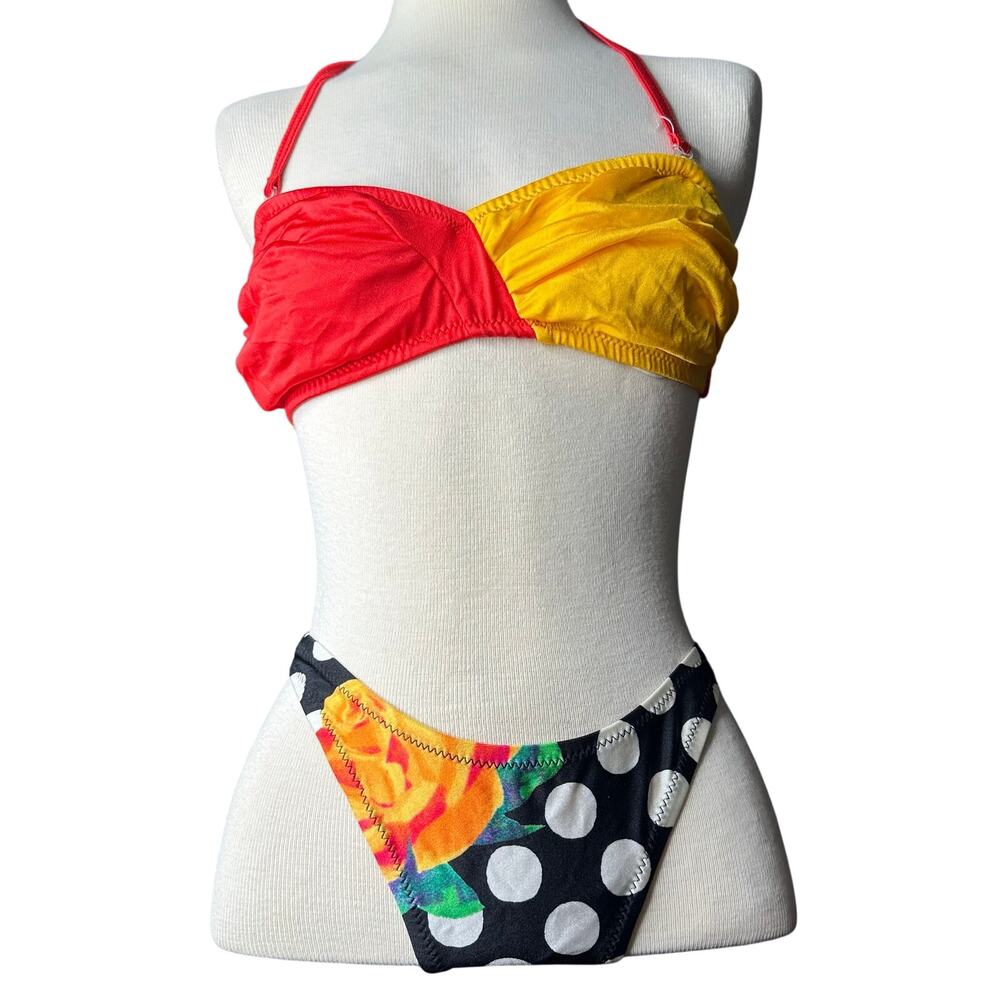 Vintage 80s/90s Bandeau Halter Bikini Swim Suit Red yellow Dot 
Womens SZ M